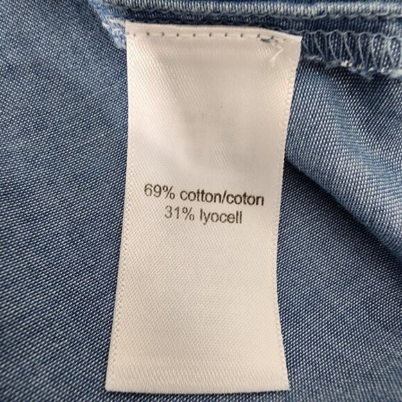 Maurices Top Womens Chambray Large Blue Button Front V Neck Pockets Short Sleeve - Picture 9 of 10